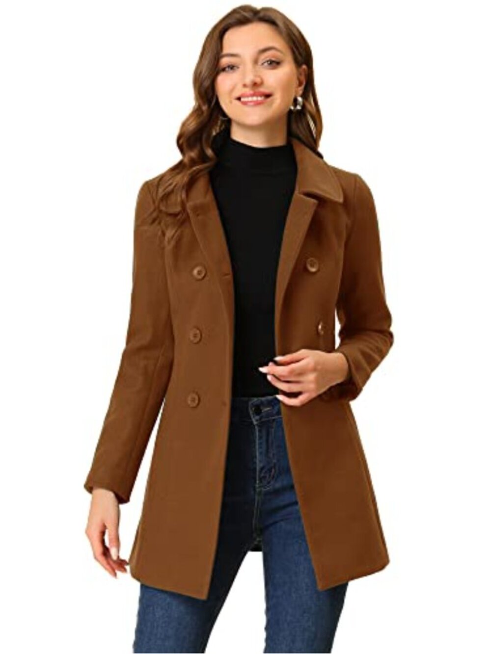 Double Breasted Peter Pan Collar Winter Pea Coat Fully Lined Long Sleeve